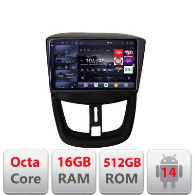 Navigatie Peugeot 207 Edotec Kit-PE01 8 core QLED 2K 16+512GB 360 Android Waze USB Navigatie Internet Youtube Radio